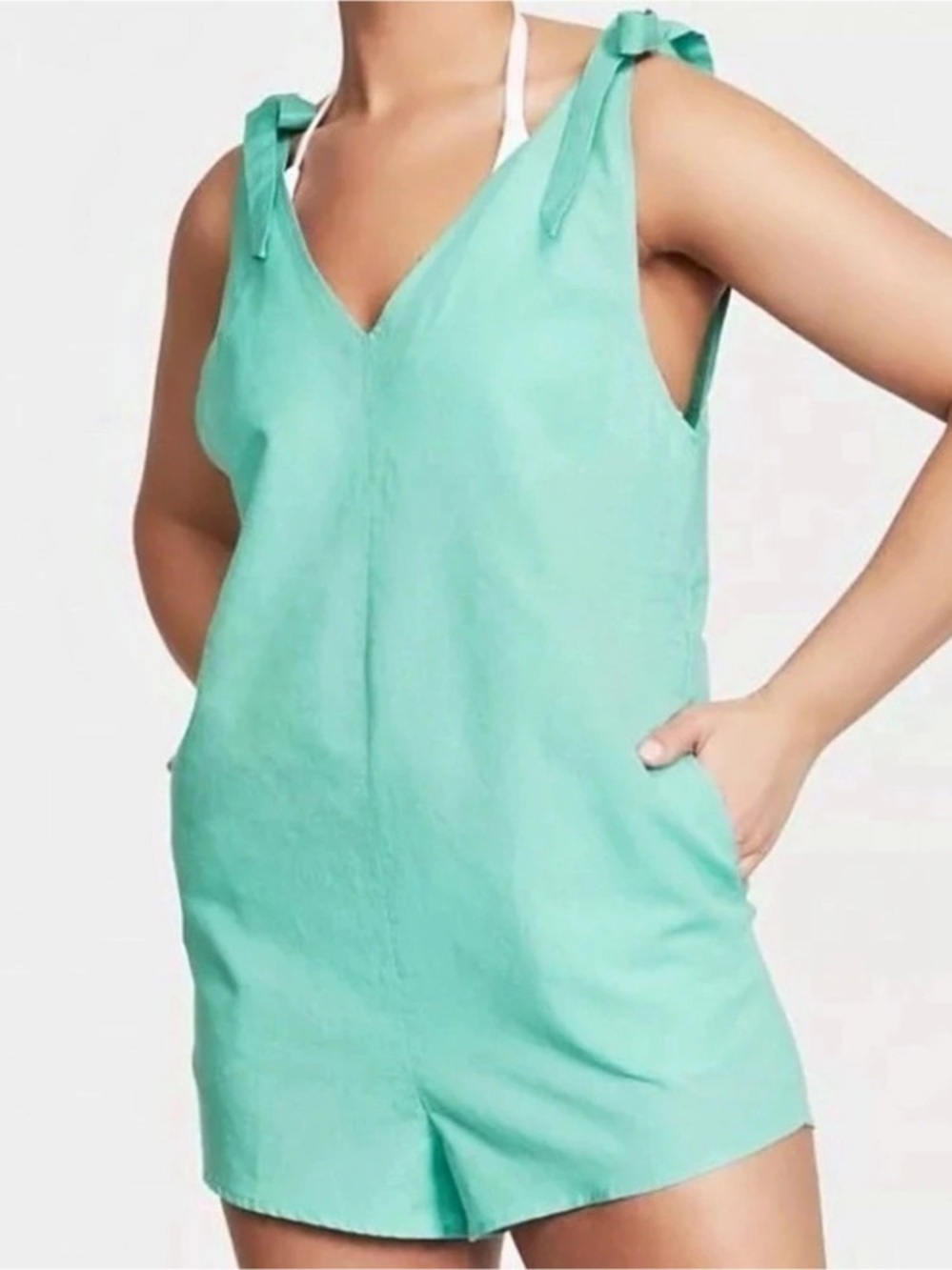 Victoria’s Secret Tie Shoulder Swim Cover Romper in Teal Size Large NWT